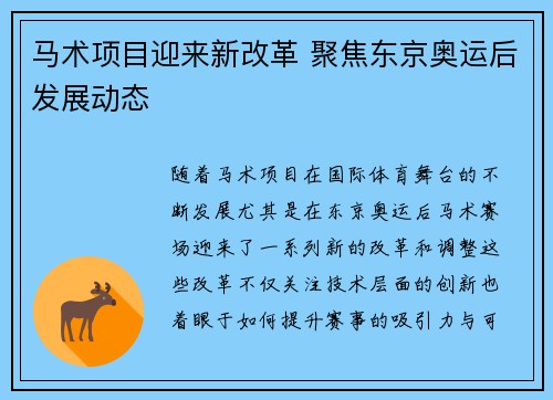 马术项目迎来新改革 聚焦东京奥运后发展动态